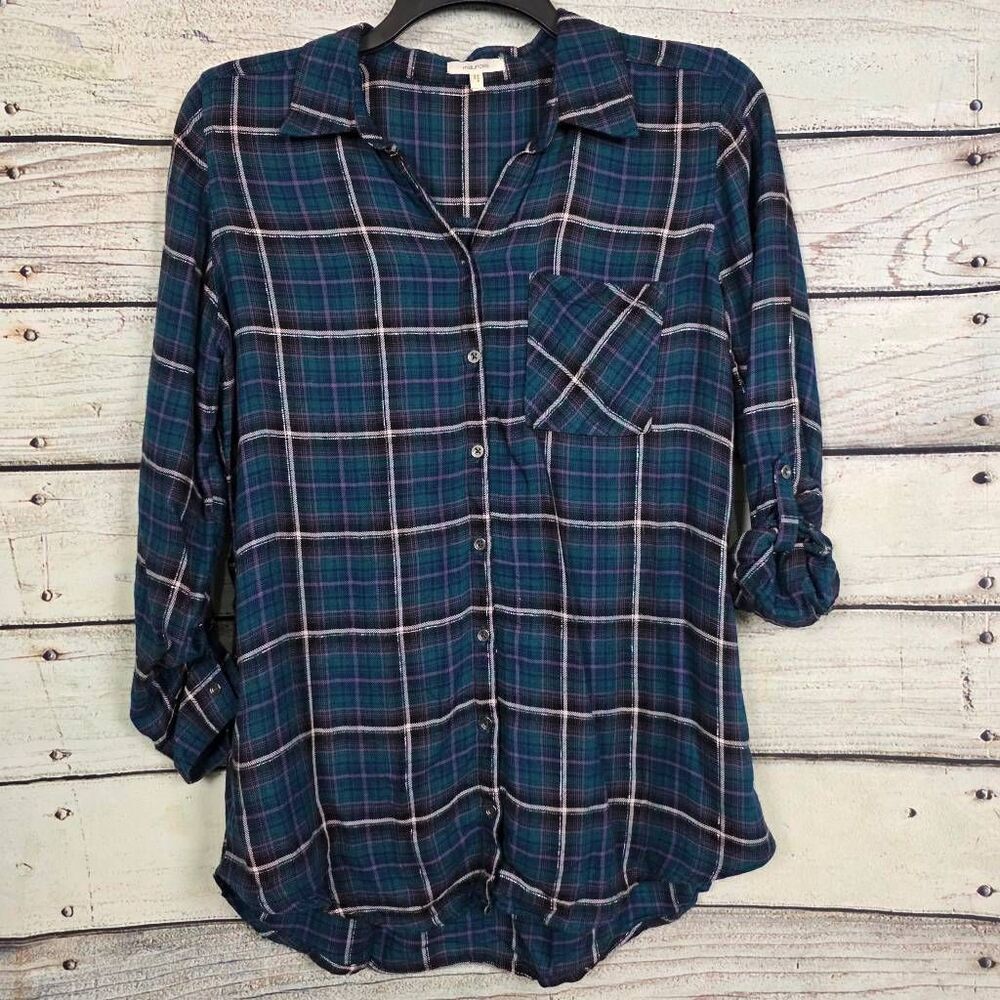 Maurices Womens Plaid Button Shirt Teal Navy Roll Tab M